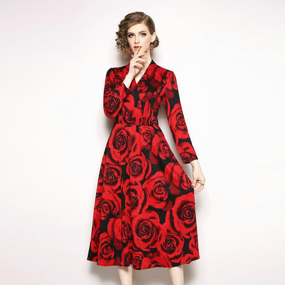 Red Black Floral/Rose Print WInter Midi Dress Sexy